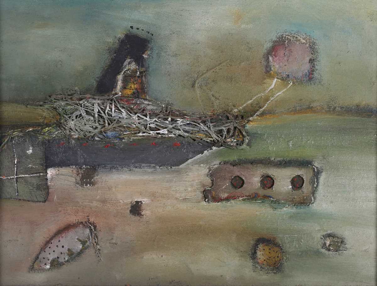 Anne Batty – Maritime Composition, 20th century oil with collage on board, 29cm x 39cm, within a