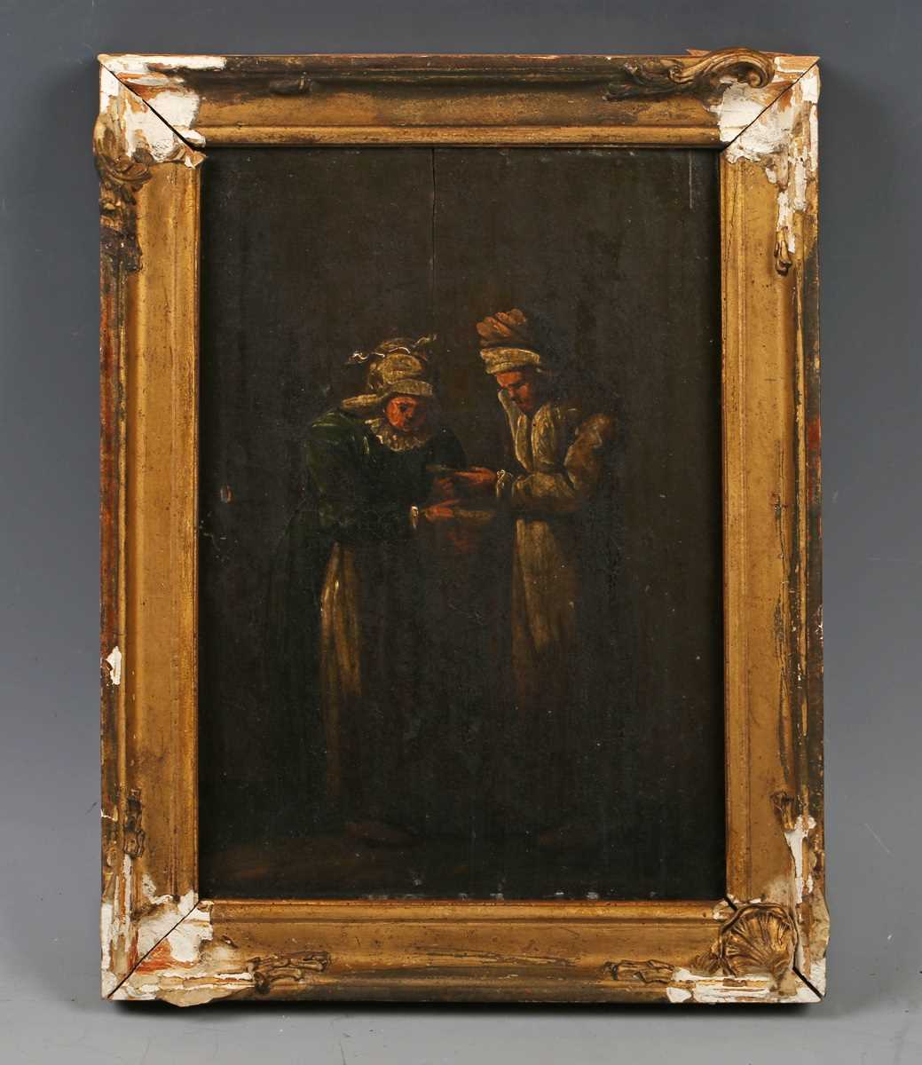 Continental School – Two Standing Figures, 19th century oil on panel, 21cm x 14.5cm, within a gilt