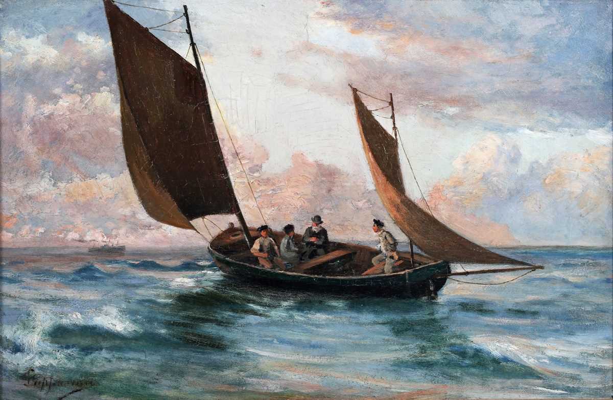 Continental School – Fisherman in a Sailing Vessel off a Coastline, late 19th/early 20th century oil