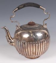 A late Victorian silver spirit kettle of half-reeded globular form, London 1889 by Charles Stuart