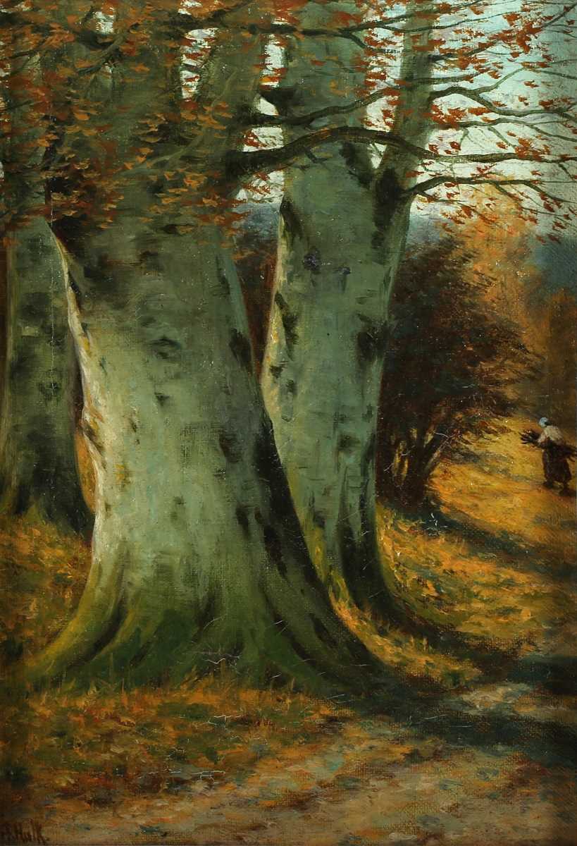 Hulk, British School – Woodland Landscape with Figure gathering Wood, late 19th/early 20th century