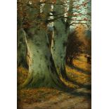 Hulk, British School – Woodland Landscape with Figure gathering Wood, late 19th/early 20th century