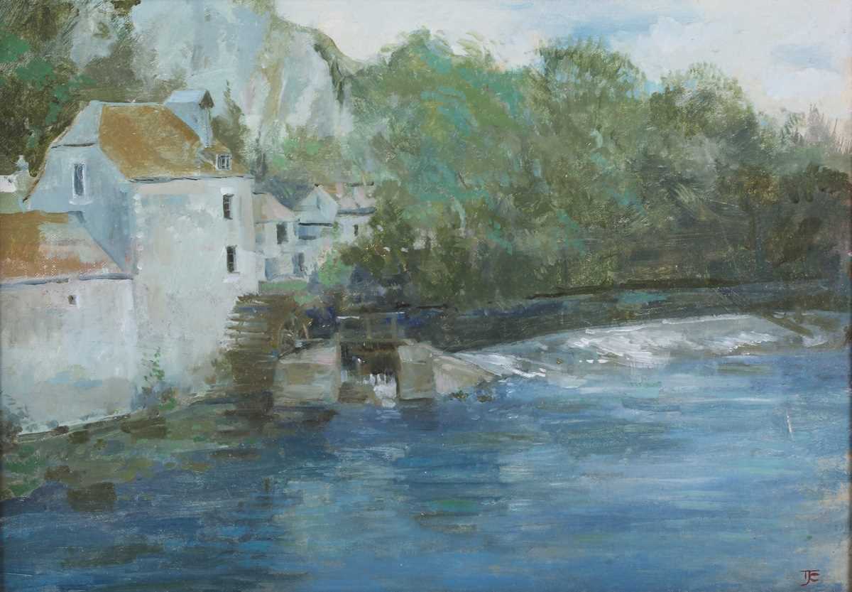 Tom Coates – Watermill on a River, 20th century oil on canvas-board, signed with initials, 24cm x