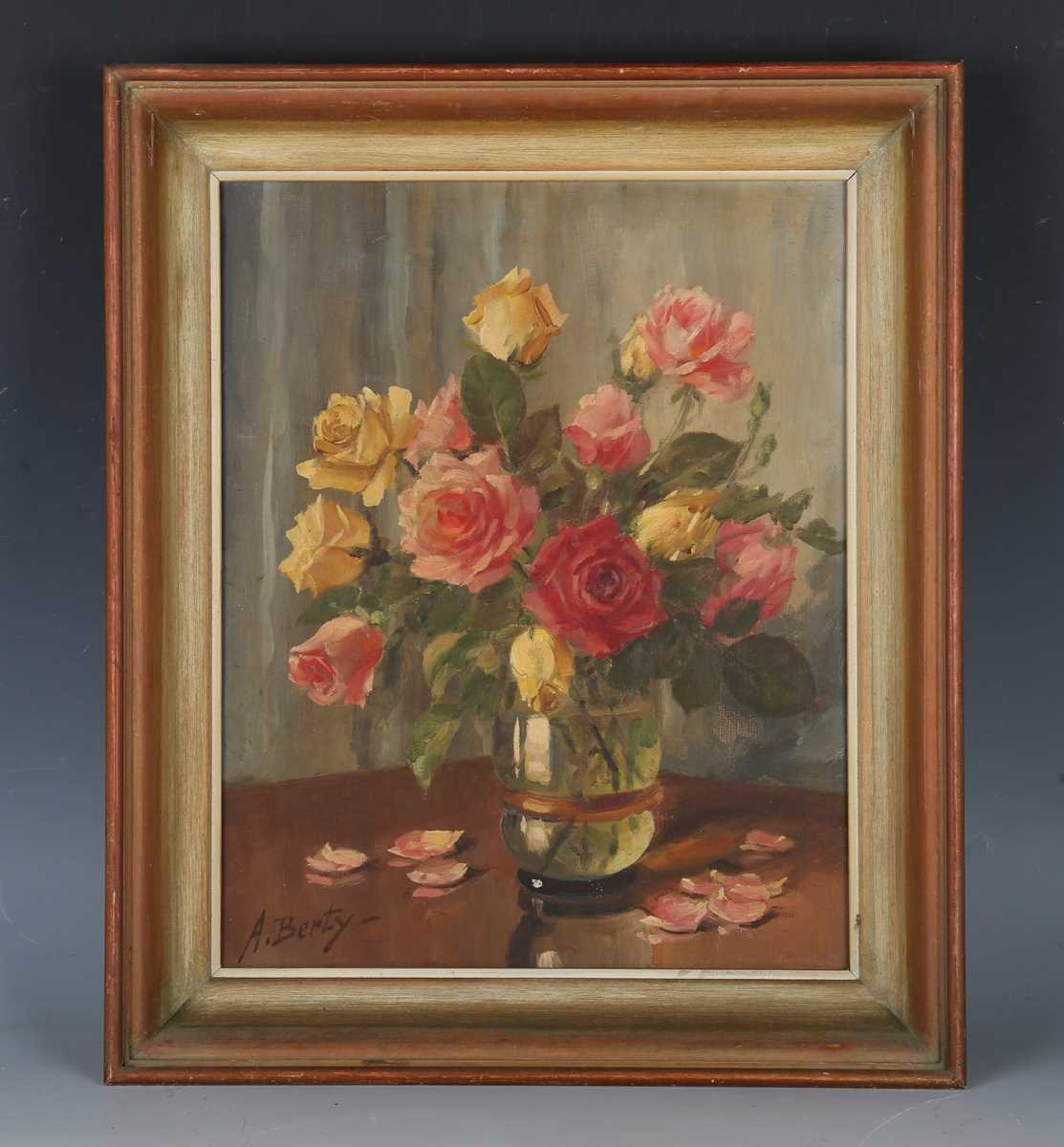 Anne Berty – Still Life with Pink and Yellow Roses, 20th century oil on canvas, signed, 40cm x 31. - Image 2 of 4