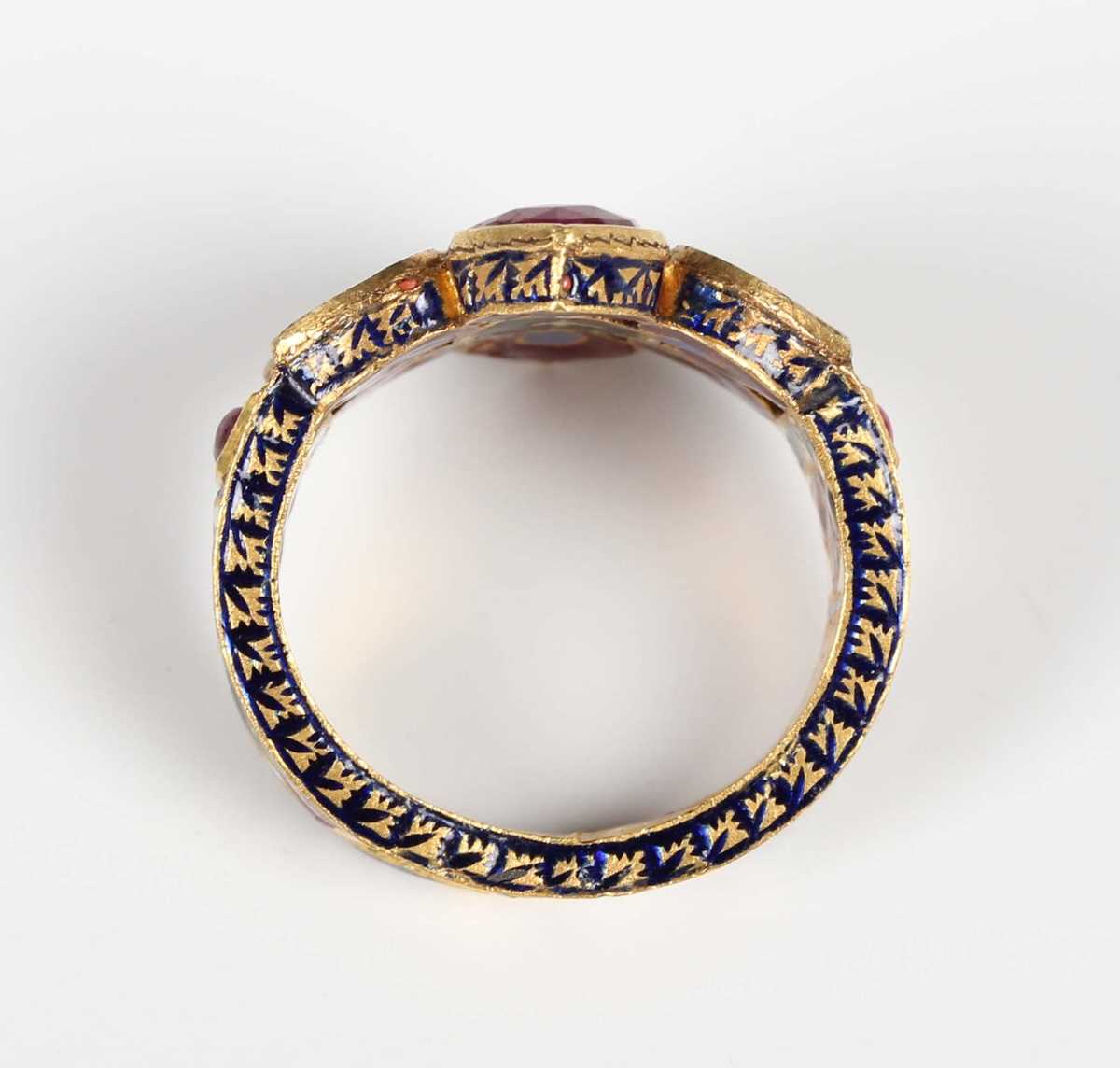 A Middle Eastern gold, ruby, diamond and varicoloured enamelled ring, probably Indian, designed as a - Image 5 of 6