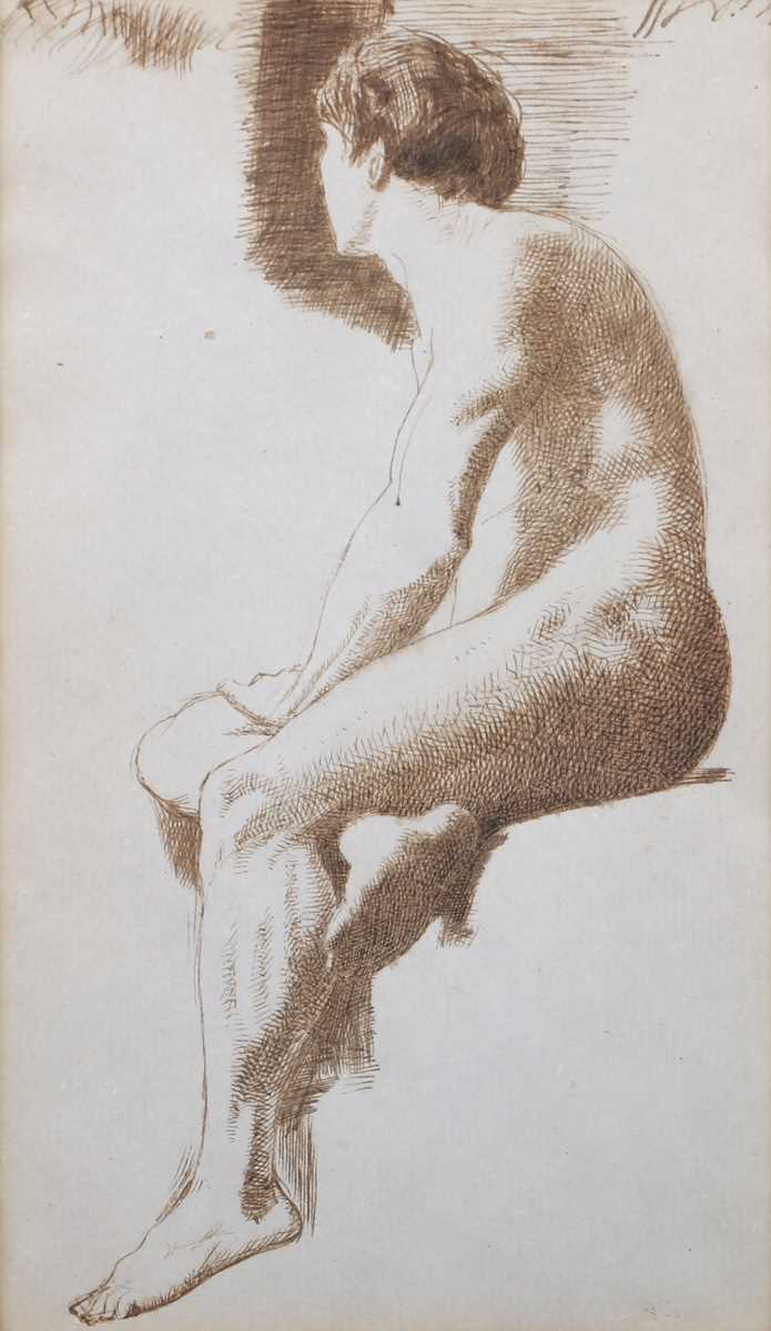 Charles Samuel Keene – ‘Seated Male Nude’, 19th century pen with ink, labels verso, 16cm x 9cm, - Image 2 of 3
