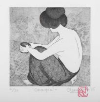 Clementine Neild – ‘Ohayou’, 21st century etching with aquatint, signed, dated ’15, titled and