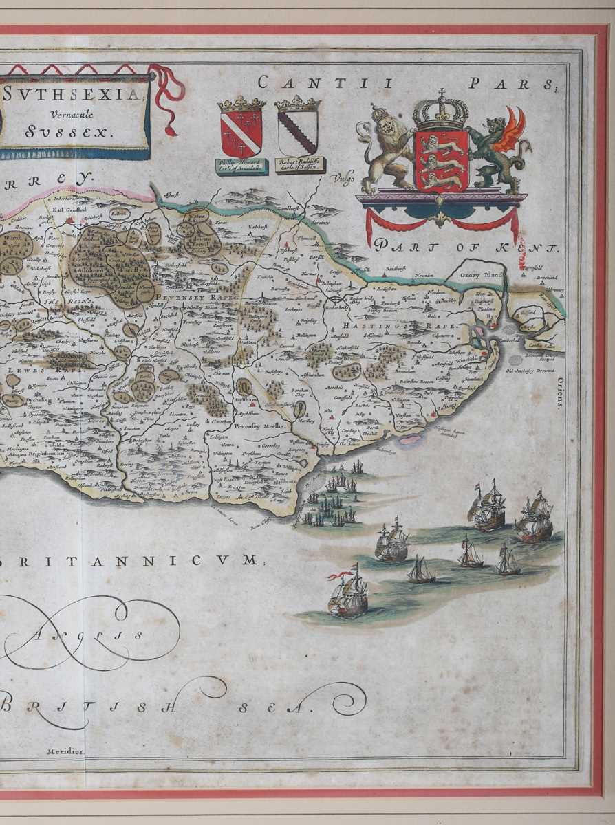 Joan Blaeu - 'Suthsexia vernacule Sussex' (Map of the County of Sussex), 17th century engraving with - Image 5 of 6