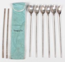 A set of six Tiffany & Co sterling straw spoons, each with a leaf shaped bowl, length 21.2cm, with a