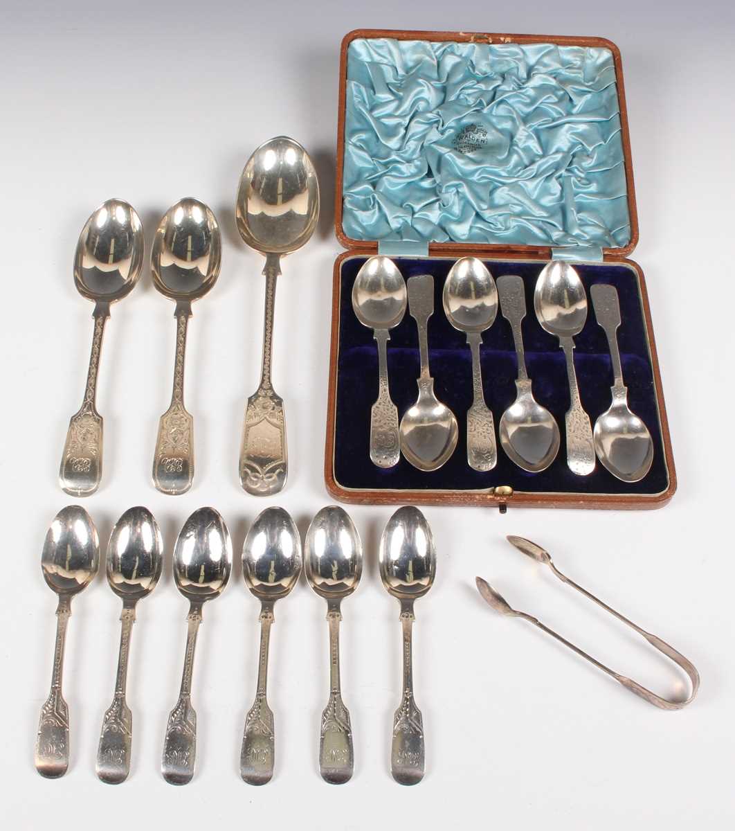 A group of Victorian and later silver Fiddle pattern cutlery, all with engraved decoration,