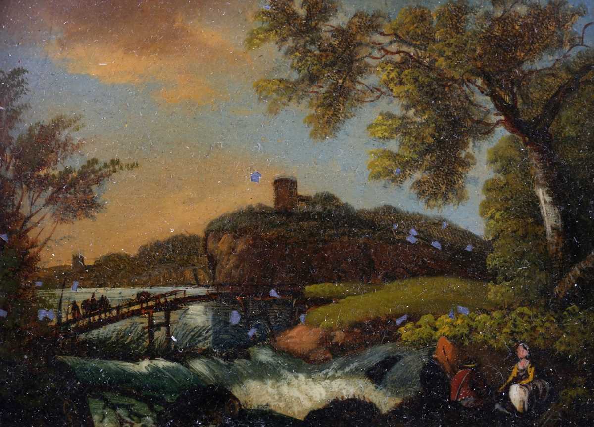Continental School – Landscape with Bridge, Watermill and Figures, 19th century oil on metal, 7. - Image 4 of 11