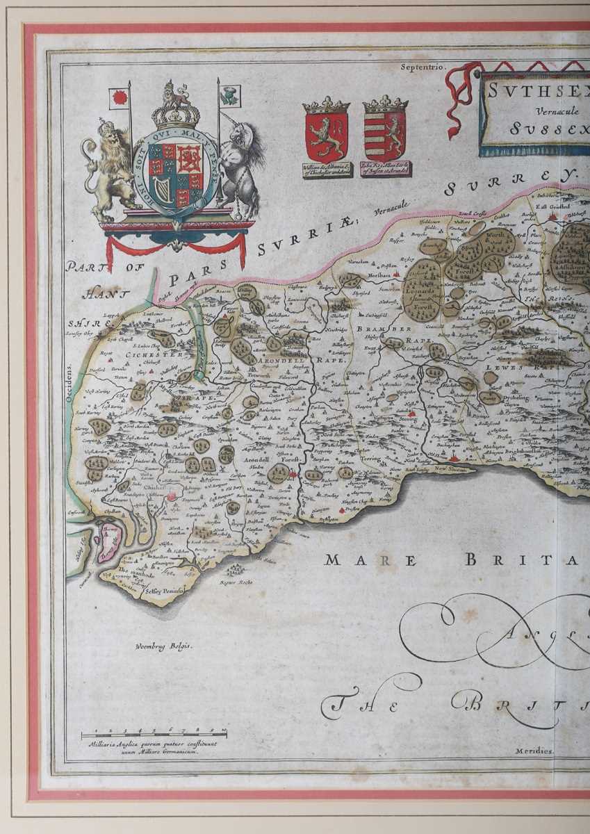 Joan Blaeu - 'Suthsexia vernacule Sussex' (Map of the County of Sussex), 17th century engraving with - Image 4 of 6