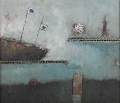 Anne Batty – ‘A moments sway’, 20th century oil with collage on board, signed and titled verso, 23.