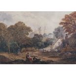 British School – Rustic Landscape with Figures, Cottage and Distant Castle, 19th century