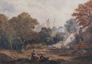 British School – Rustic Landscape with Figures, Cottage and Distant Castle, 19th century