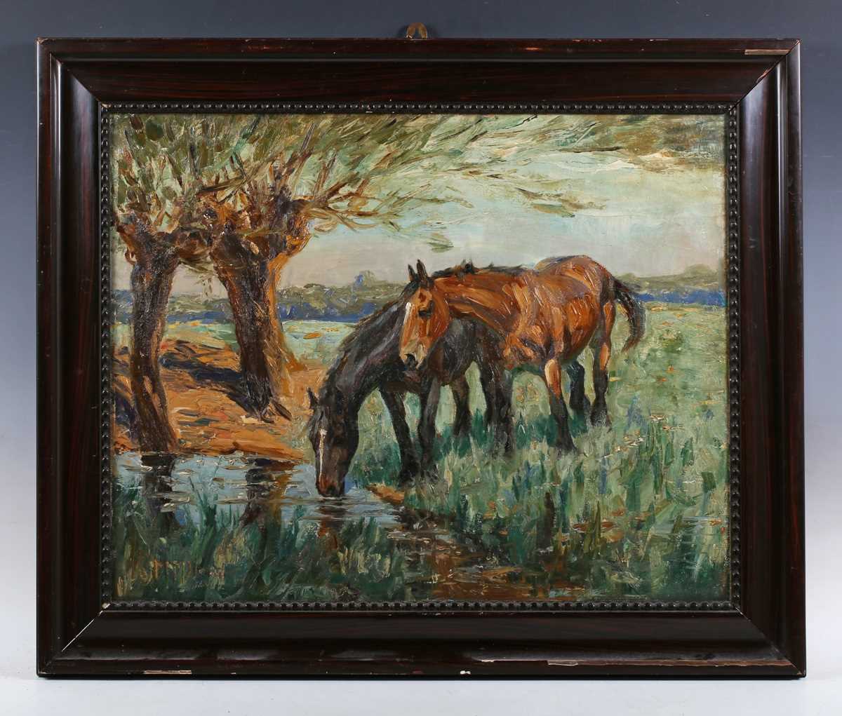 Margaret Neame – Horses watering, early 20th century oil on canvas, signed, 49cm x 62cm, within a - Image 2 of 4