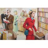 Nat Long [Nathaniel John Long] – Figures in a Bookshop, mid-20th century gouache on card, signed,