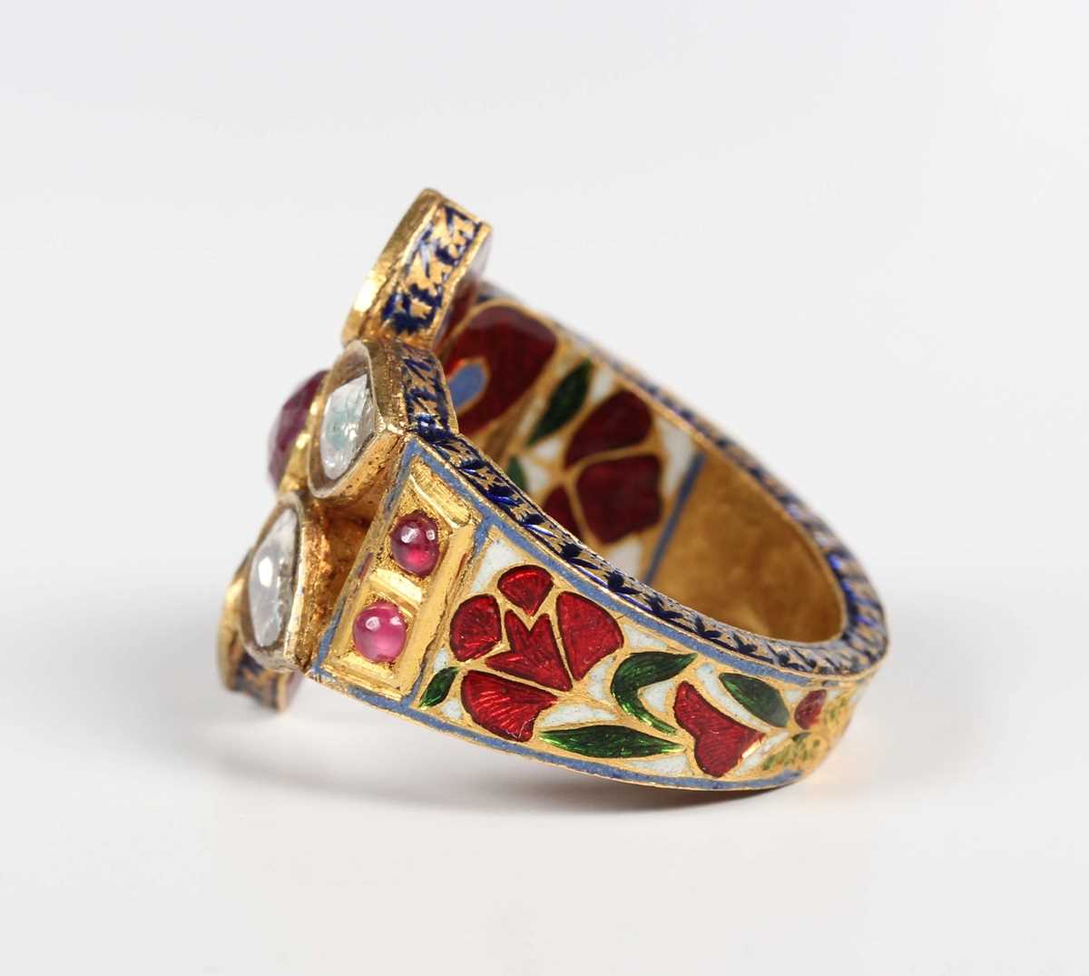 A Middle Eastern gold, ruby, diamond and varicoloured enamelled ring, probably Indian, designed as a - Image 3 of 6