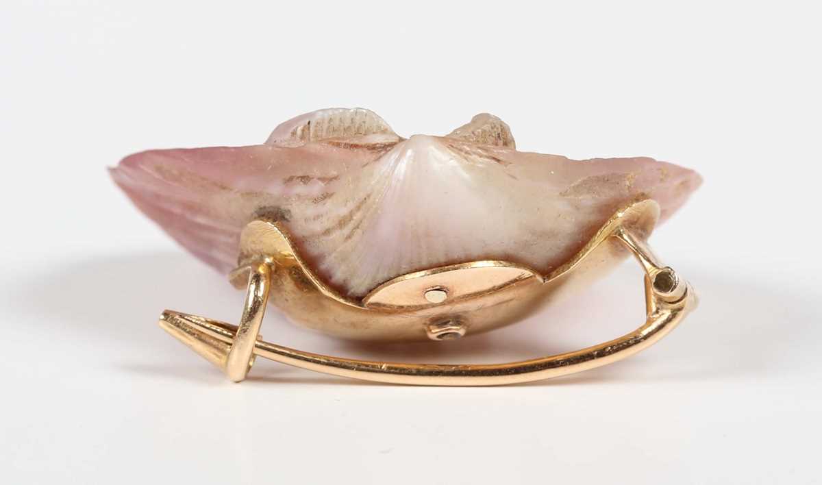 A Victorian shell, diamond and pearl brooch, the shell mounted with a rose cut diamond set snake - Image 3 of 6