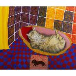 Hazel Evans – Sleeping Cat and Dachshund, 21st century acrylic on canvas, 49.5cm x 60cm, together