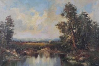 Oscar Carl Schuster – Landscape with Pond and Harvesters beyond, 20th century oil on canvas, signed,