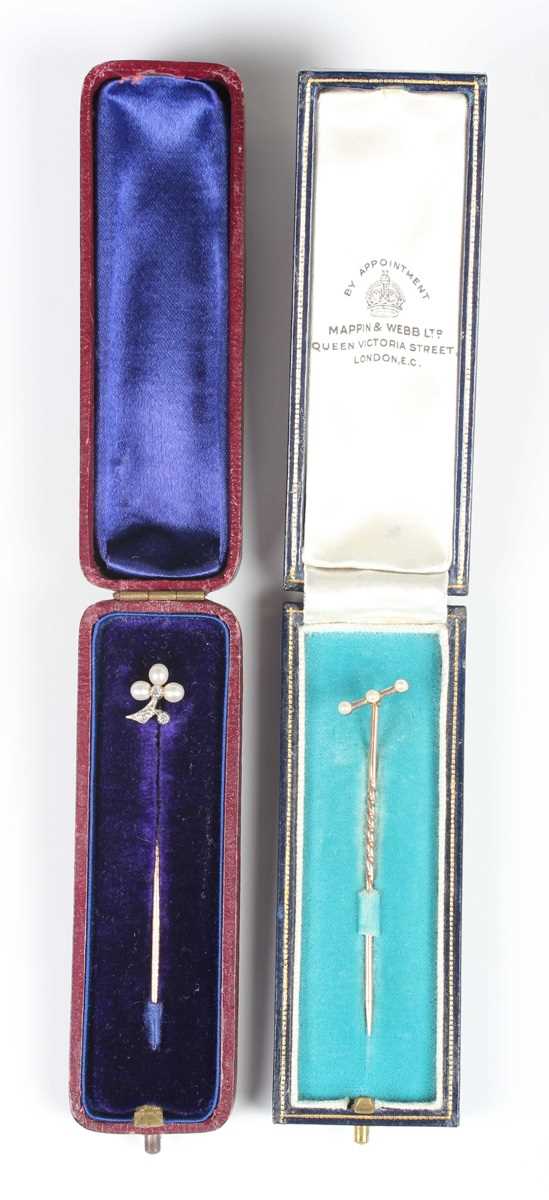 A gold, diamond and seed pearl stickpin with a foliate motif, unmarked, weight 1.4g, width of finial - Image 2 of 3