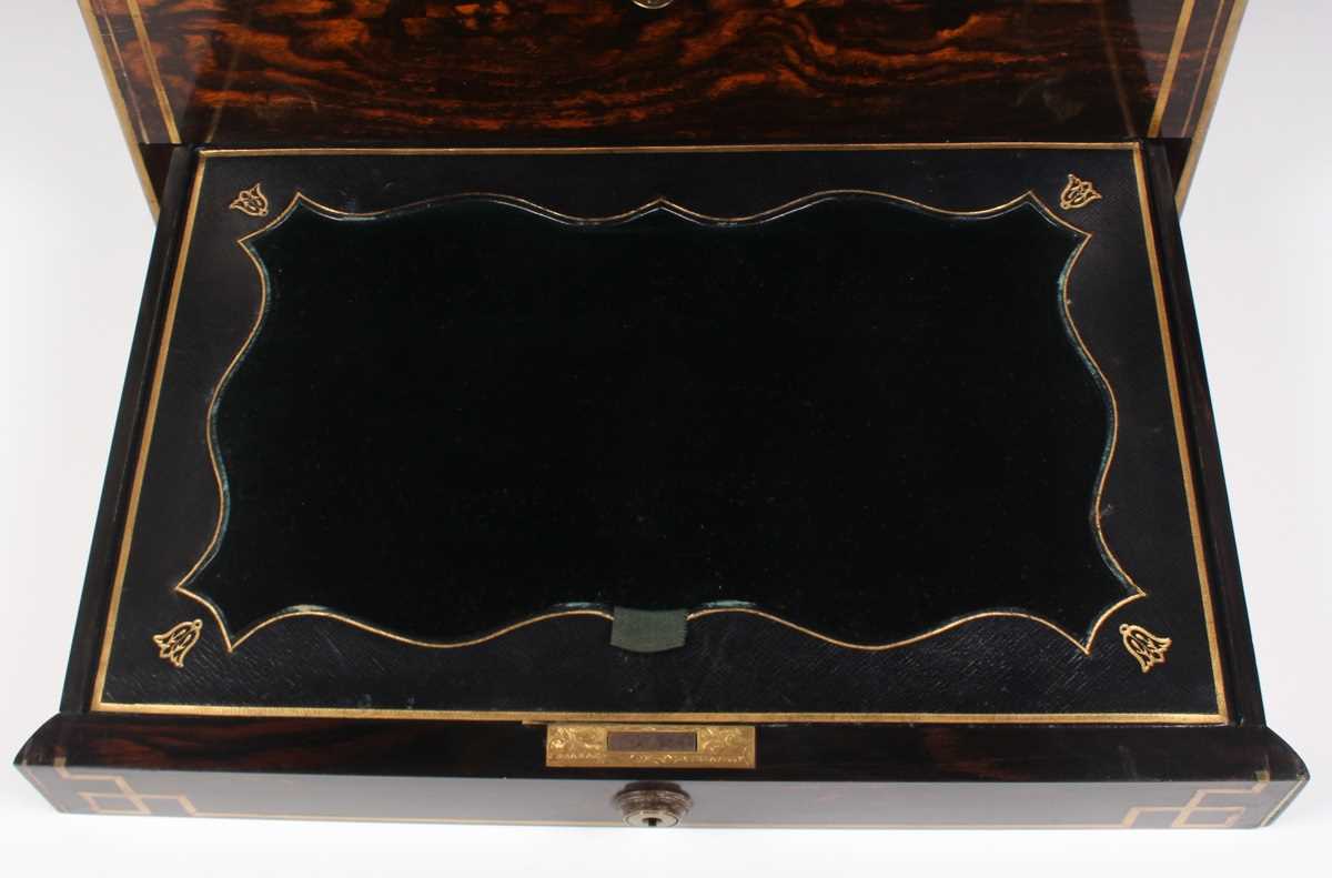 A Victorian coromandel cased travelling vanity box, the compartmentalized interior fitted with - Image 3 of 7