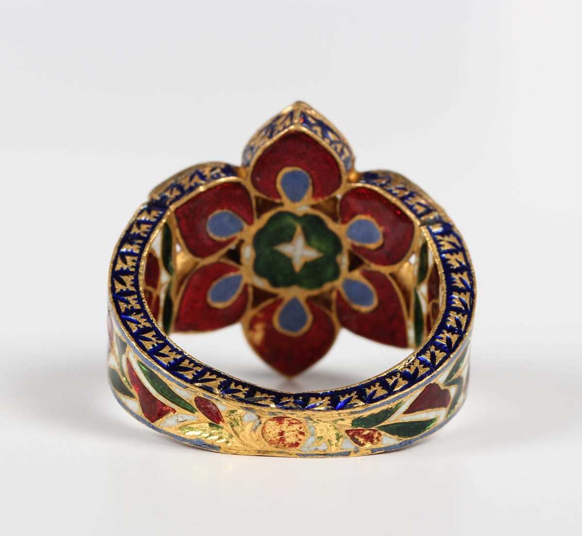 A Middle Eastern gold, ruby, diamond and varicoloured enamelled ring, probably Indian, designed as a - Image 4 of 6