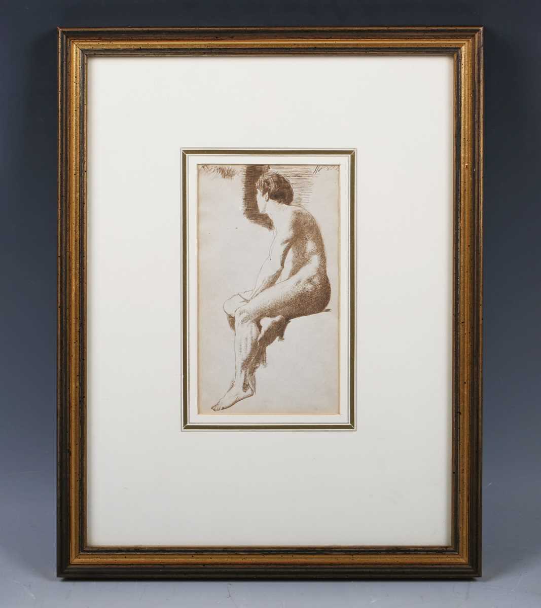 Charles Samuel Keene – ‘Seated Male Nude’, 19th century pen with ink, labels verso, 16cm x 9cm,