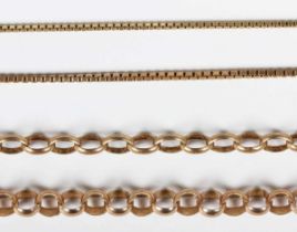 A 9ct gold oval link neckchain on a boltring clasp, length 40.5cm, two 9ct gold boxlink neckchains