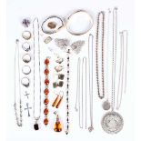 A small group of silver and other jewellery, including a treated amber bead bracelet, length 17.5cm,
