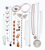 A small group of silver and other jewellery, including a treated amber bead bracelet, length 17.5cm,