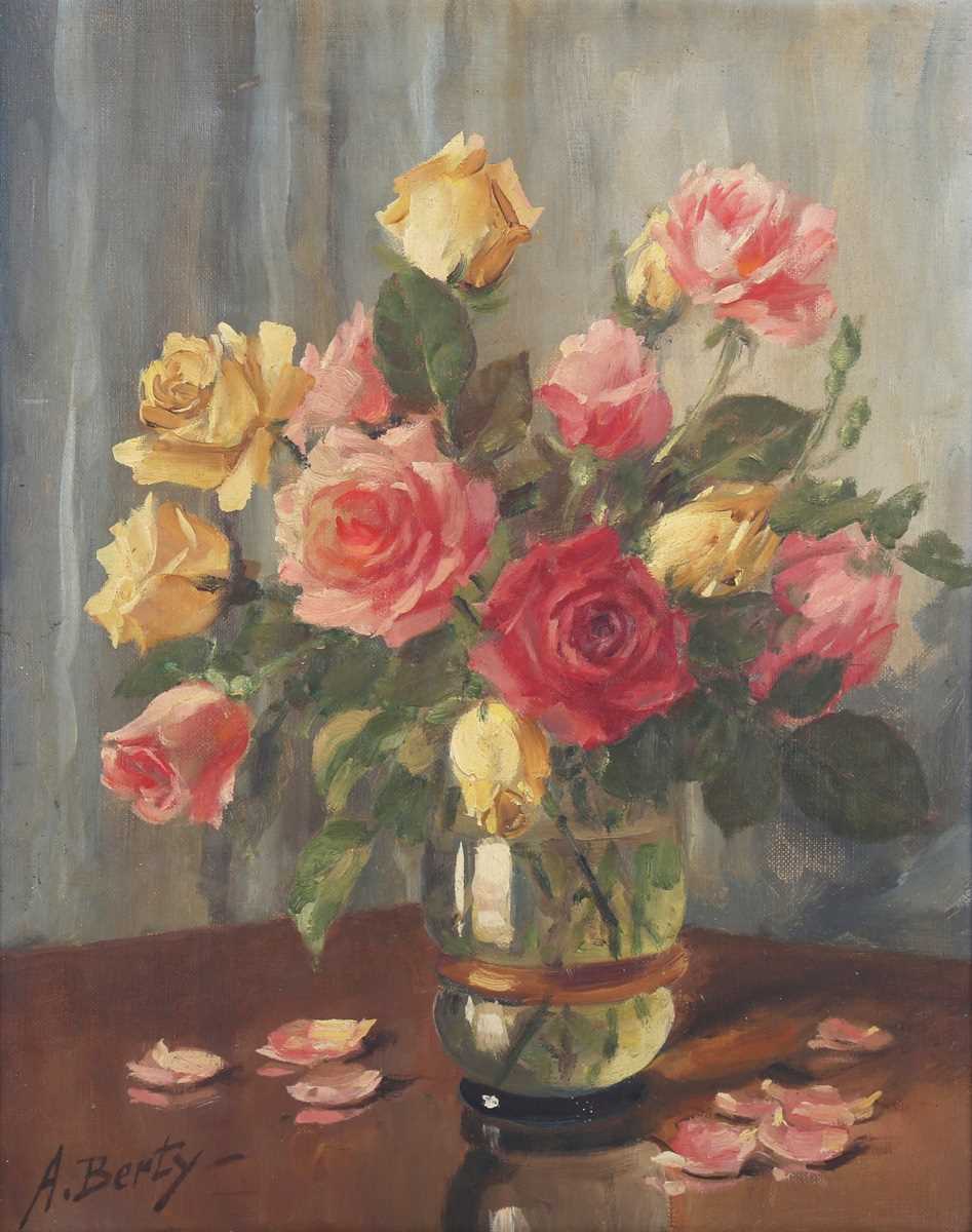 Anne Berty – Still Life with Pink and Yellow Roses, 20th century oil on canvas, signed, 40cm x 31.