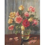 Anne Berty – Still Life with Pink and Yellow Roses, 20th century oil on canvas, signed, 40cm x 31.