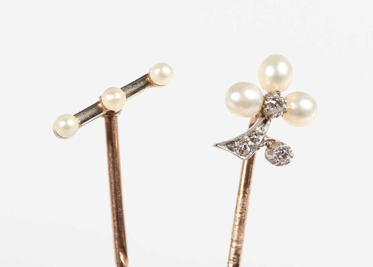 A gold, diamond and seed pearl stickpin with a foliate motif, unmarked, weight 1.4g, width of finial - Image 3 of 3