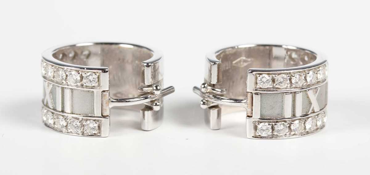 A pair of Tiffany & Co 18ct white gold and diamond Atlas hoop earrings, each detailed ‘Tiffany & - Image 3 of 5