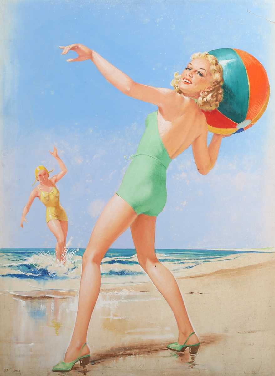 Nat Long [Nathaniel John Long] – Two Young Ladies wearing Swimsuits and playing on a Beach, mid-20th