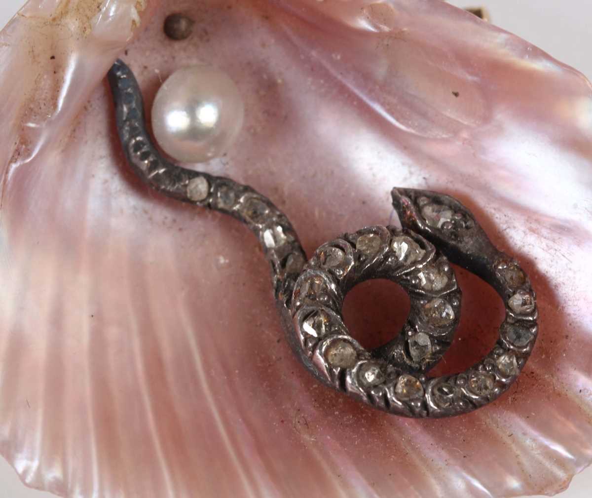 A Victorian shell, diamond and pearl brooch, the shell mounted with a rose cut diamond set snake - Image 6 of 6