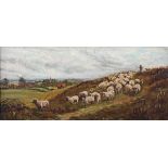 E.A. Andrew – Shepherd and Flock on the Sussex Downs, oil on canvas, signed and dated 1907, 24cm x