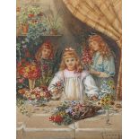 K. Lucas – ‘At our Flower Stall’, 19th century watercolour with gouache, signed recto, titled and