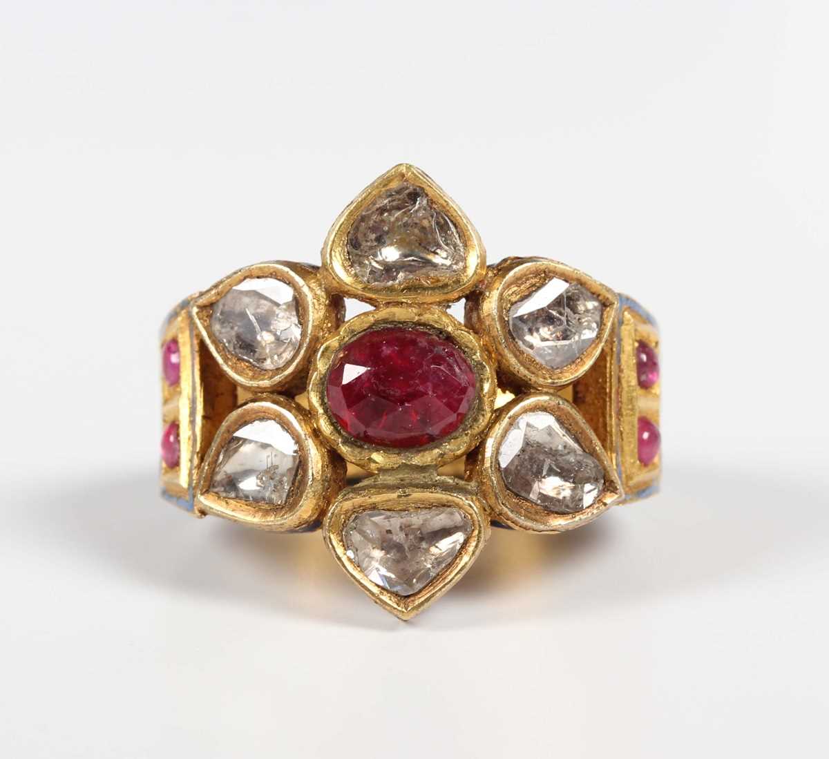 A Middle Eastern gold, ruby, diamond and varicoloured enamelled ring, probably Indian, designed as a - Image 2 of 6
