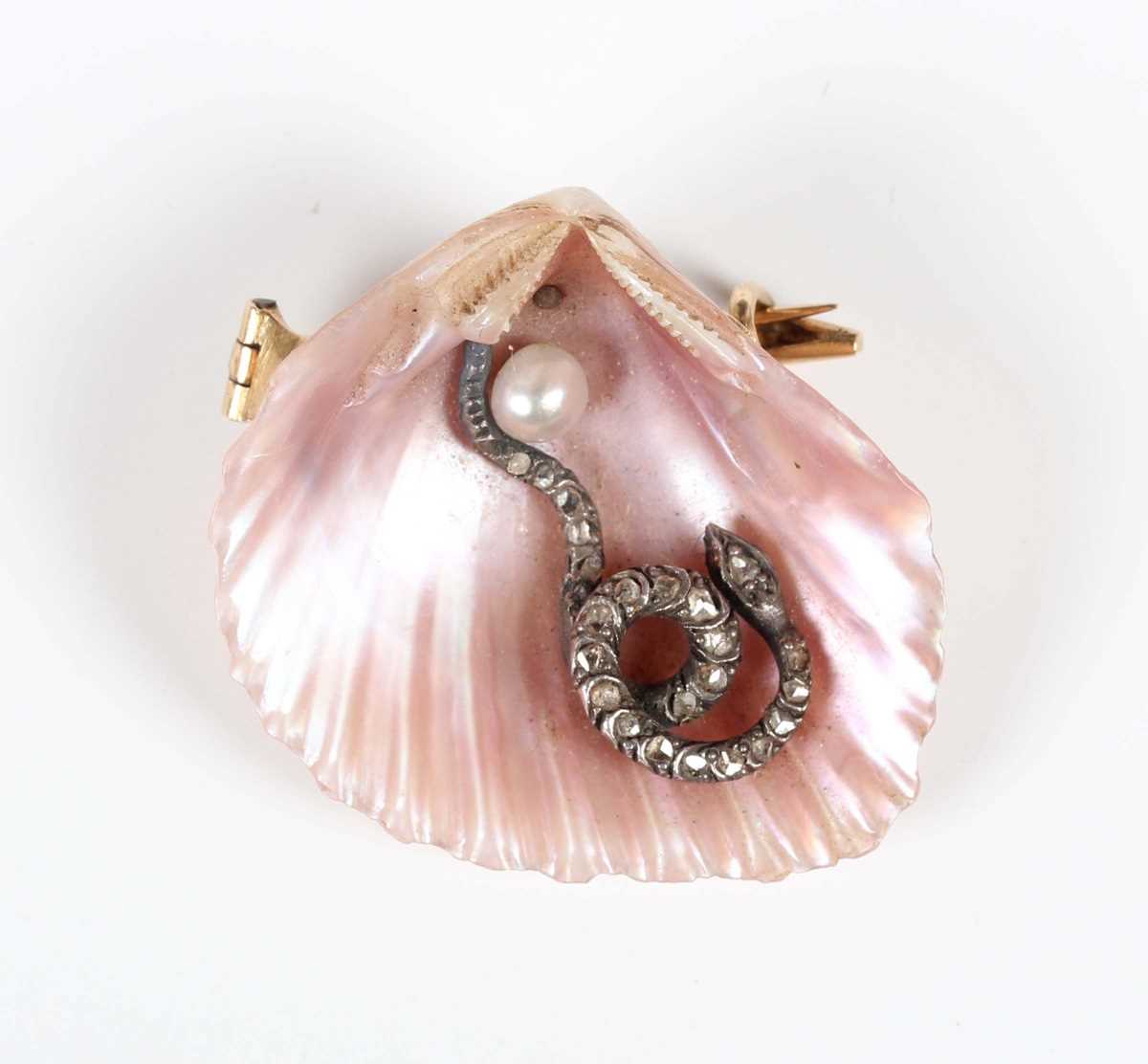 A Victorian shell, diamond and pearl brooch, the shell mounted with a rose cut diamond set snake
