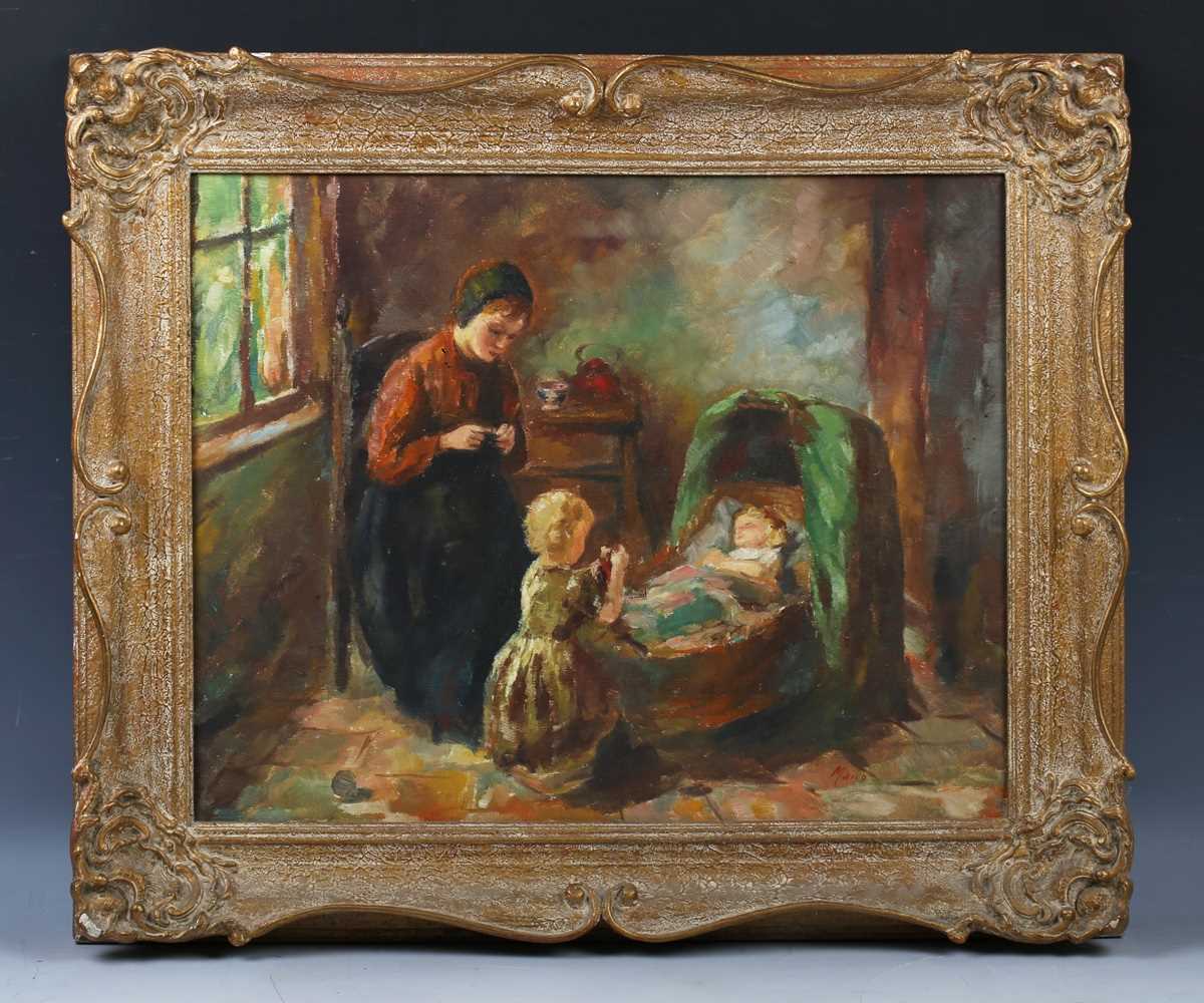 Mario, Continental School – Interior Genre Scene with Woman knitting beside a Baby in a Cot, 20th - Image 2 of 6