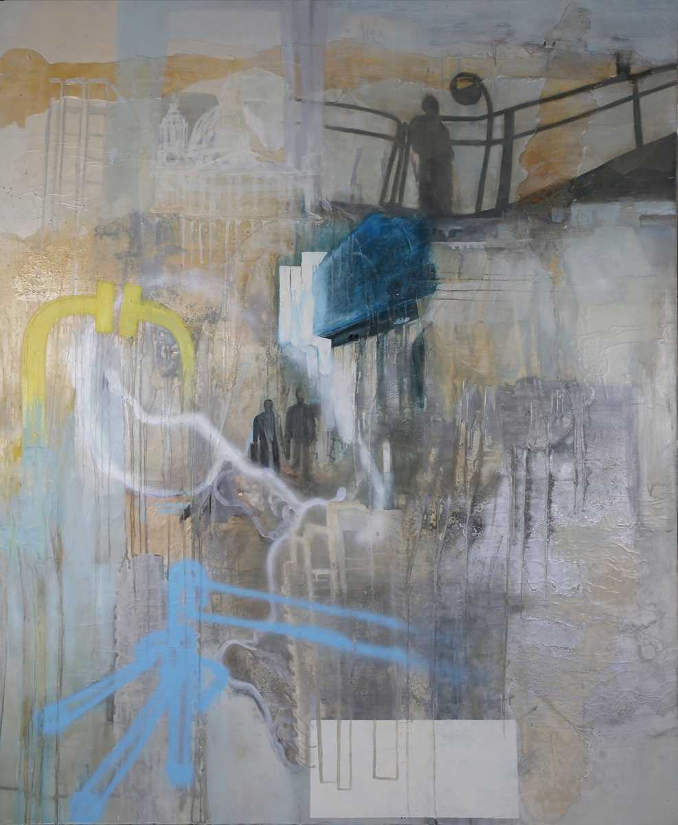 Maggie Roberts – ‘The City has no Limits’, 20th century oil on canvas, 237cm x 193cm, within a