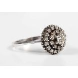 An 18ct white gold and diamond cluster ring, claw set with the principal circular cut diamond at the