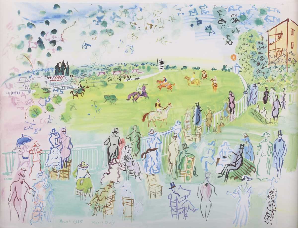 After Raoul Dufy – ‘Ascot 1935’, 20th century offset lithograph, 50.5cm x 65.5cm, within a stained