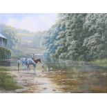 Spencer Coleman – Figures and Dales Horses in a River Landscape, late 20th/early 21st century oil on
