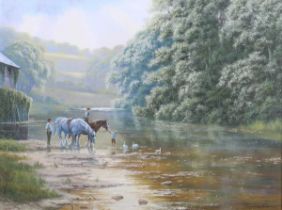 Spencer Coleman – Figures and Dales Horses in a River Landscape, late 20th/early 21st century oil on