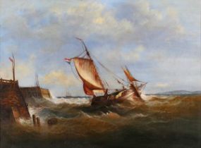 Follower of Edwin Hayes – Sailing Vessel in a Stiff Breeze off a Jetty, early 20th century oil on
