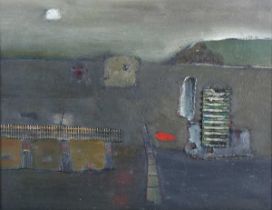 Anne Batty – ‘The mist is gathering’, 20th century oil with collage on board, artist’s name and